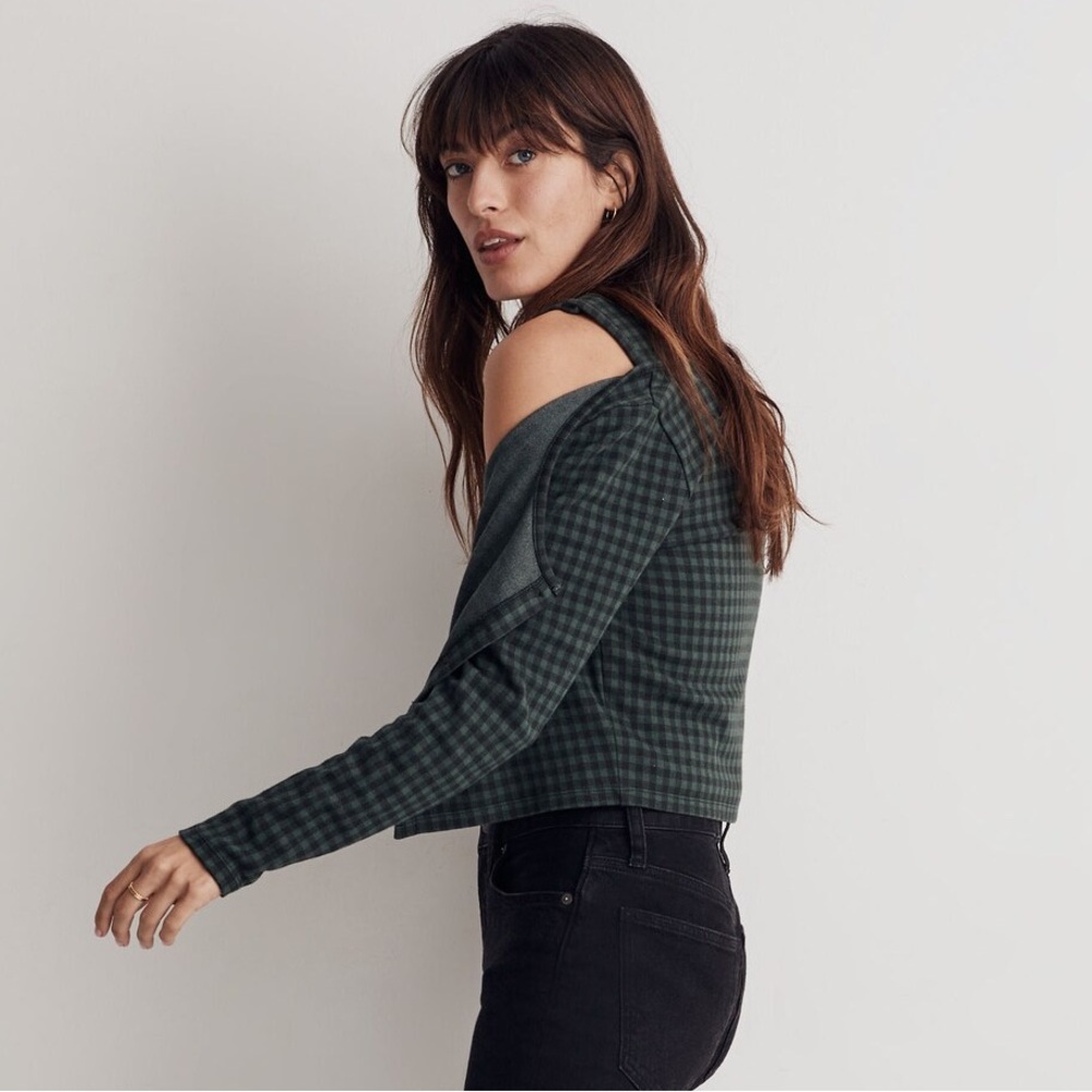 Madewell Jacquard Long Sleeve Cardigan & Tank Twin Set in Gingham Forest Green - Picture 2 of 14
